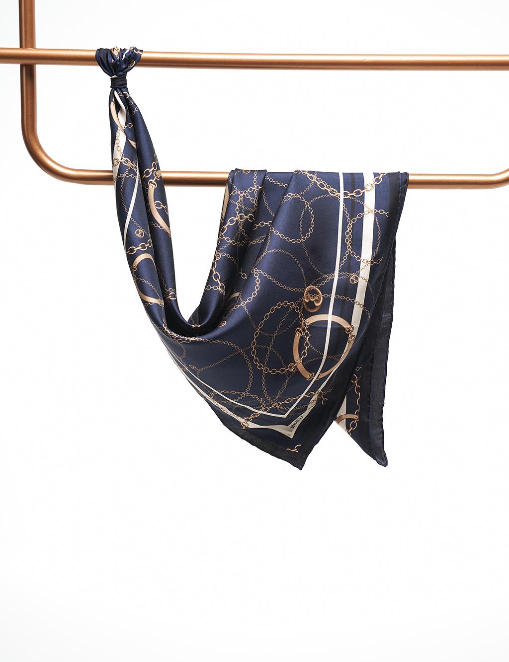 Chain Pattern Silk Scarf Navy Blue