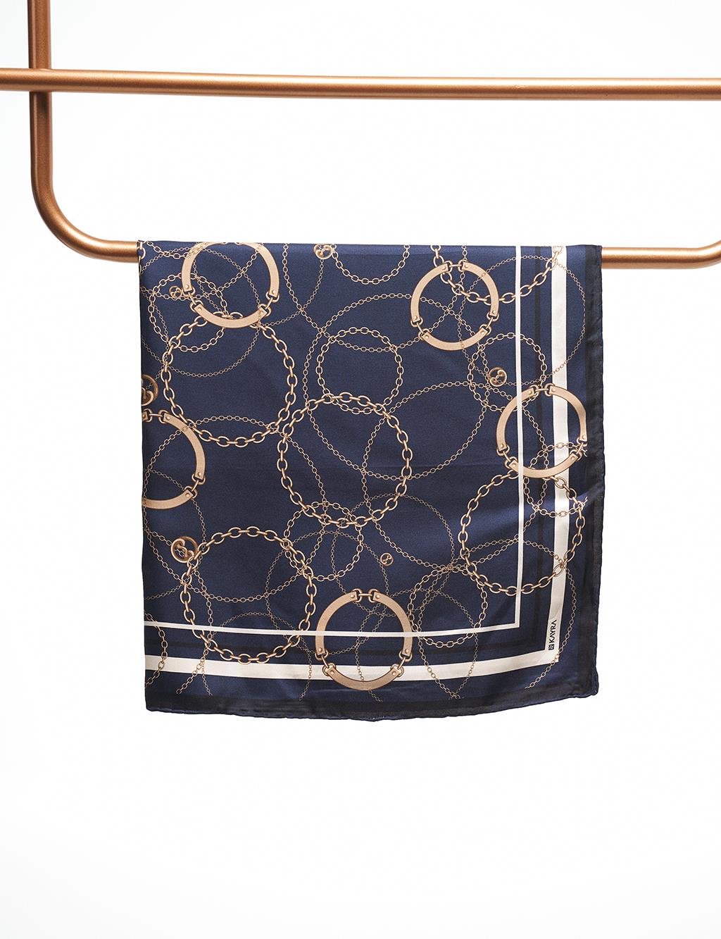 Chain Pattern Silk Scarf Navy Blue