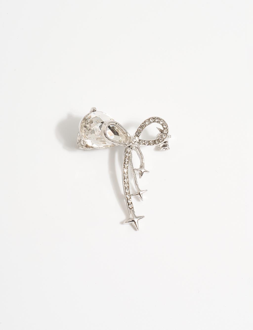 Zircon Stone Bow Brooch Silver