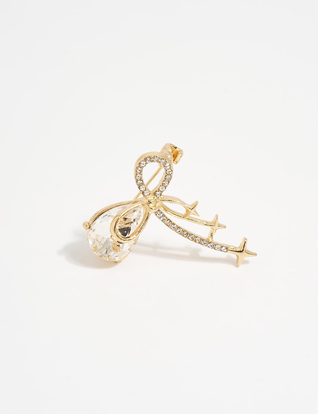 Zircon Stone Bow Brooch Gold