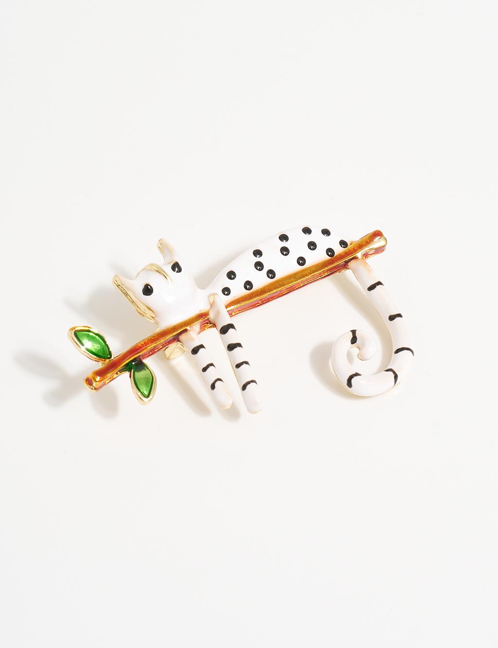 Cat Figured Brooch Optical White