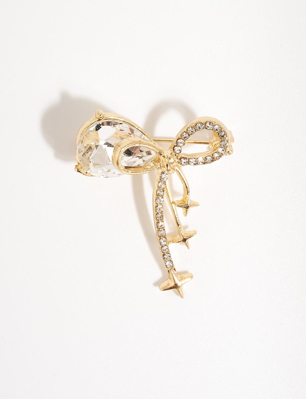 Zircon Stone Bow Brooch Gold