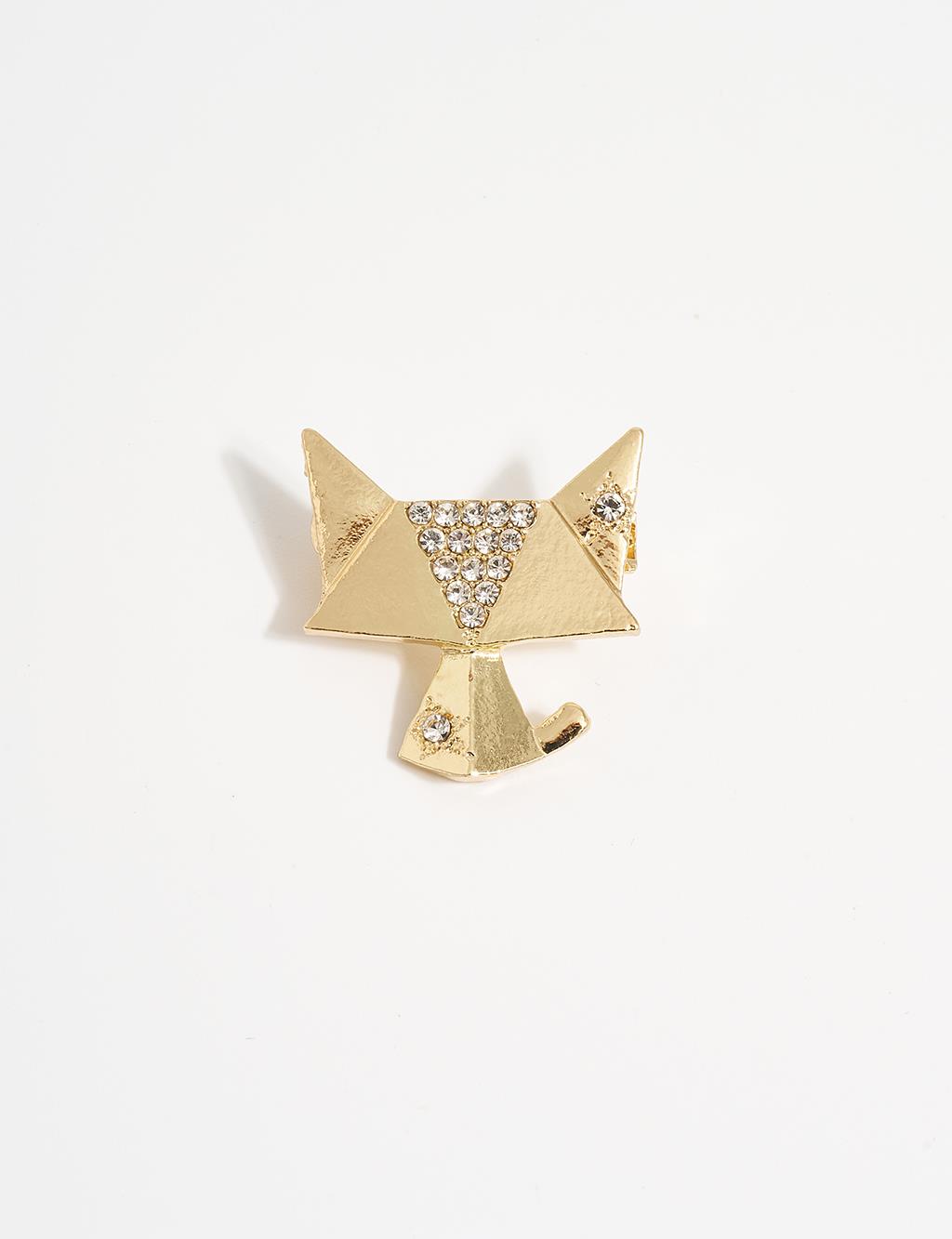 Zircon Stone Cat Figure Brooch Gold