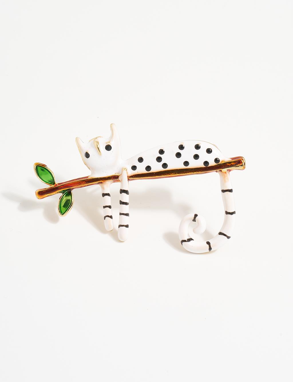 Cat Figured Brooch Optical White