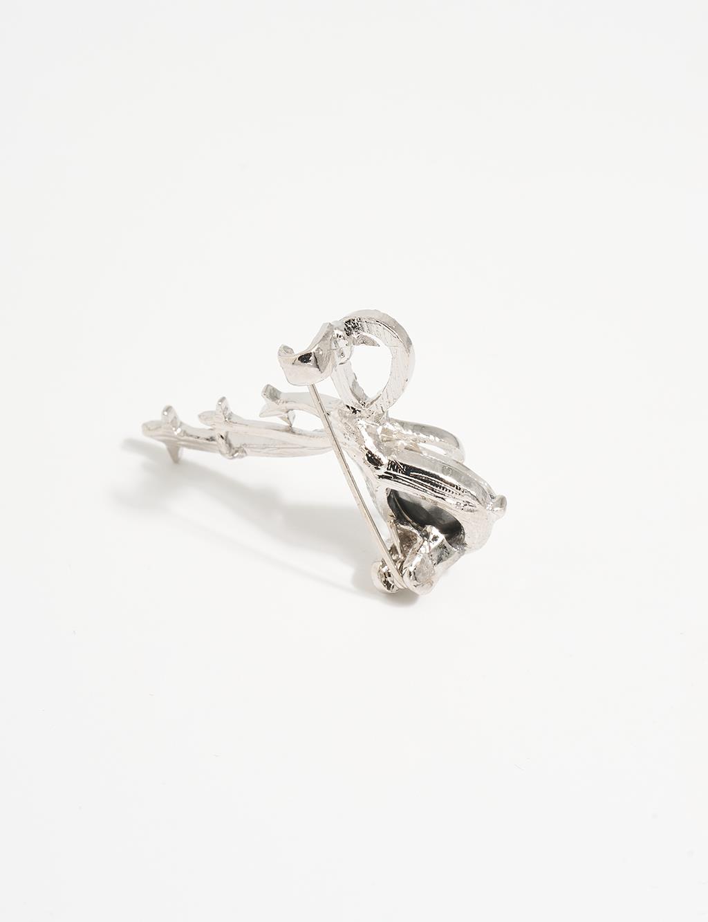 Zircon Stone Bow Brooch Silver