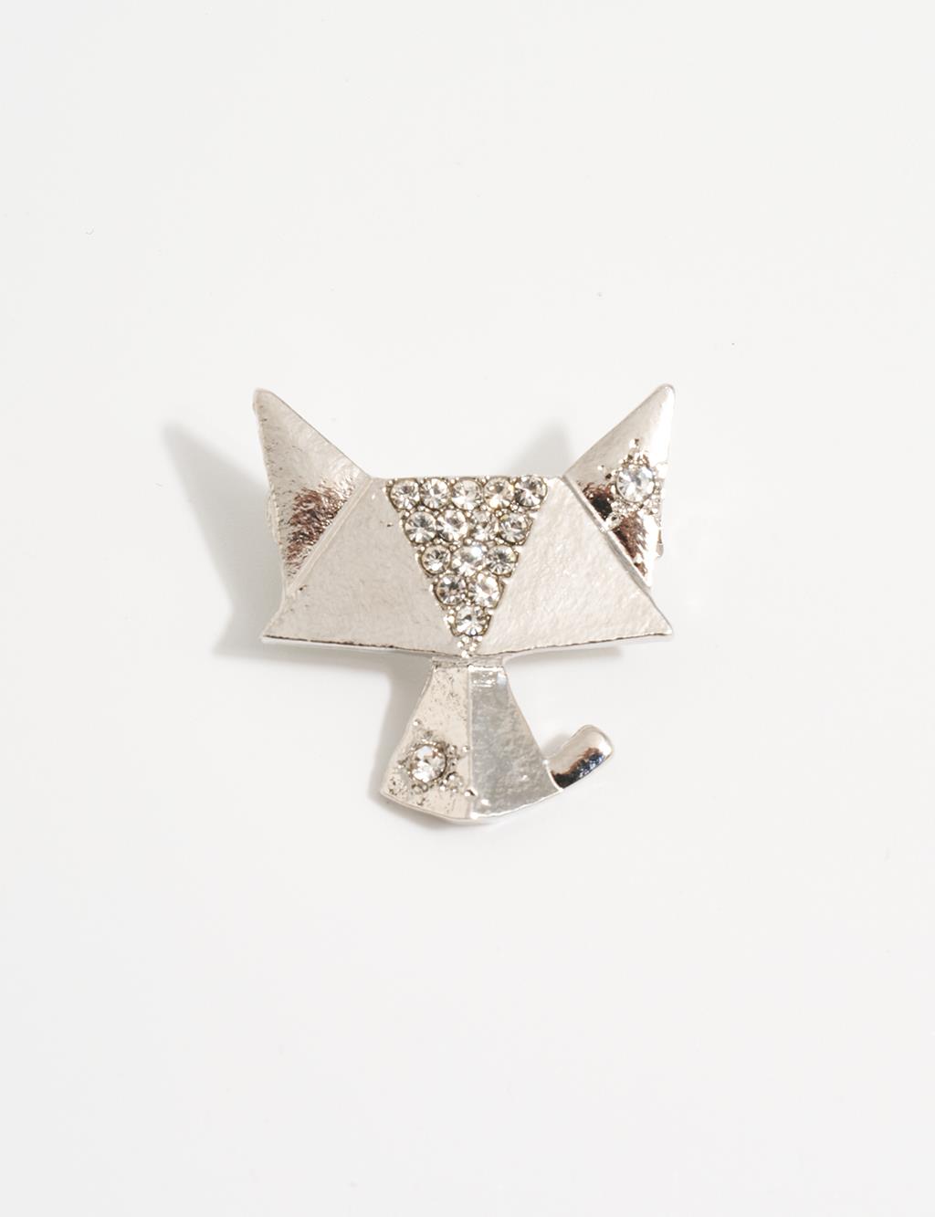 Zircon Stone Cat Figure Brooch Silver