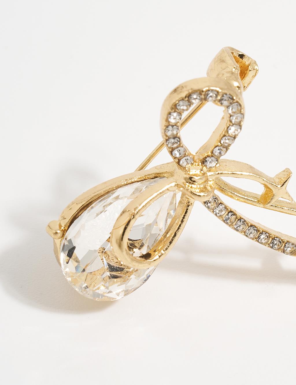 Zircon Stone Bow Brooch Gold