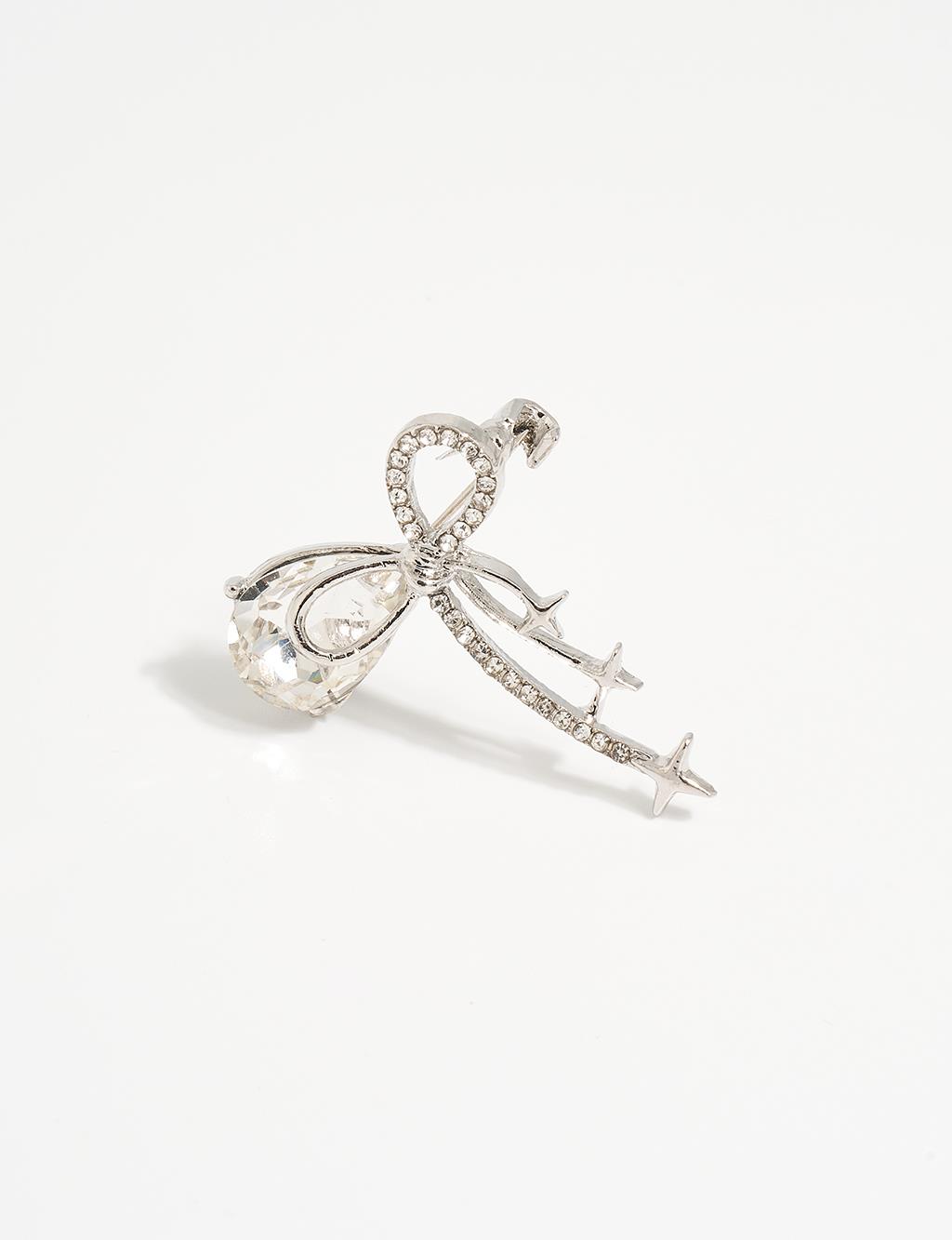 Zircon Stone Bow Brooch Silver