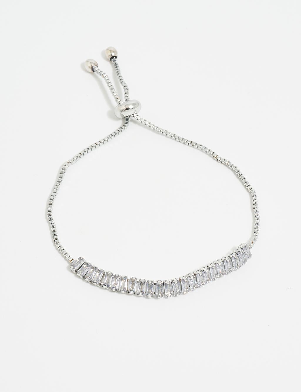 Elevator Shaped Bracelet with Rows of Stones Silver