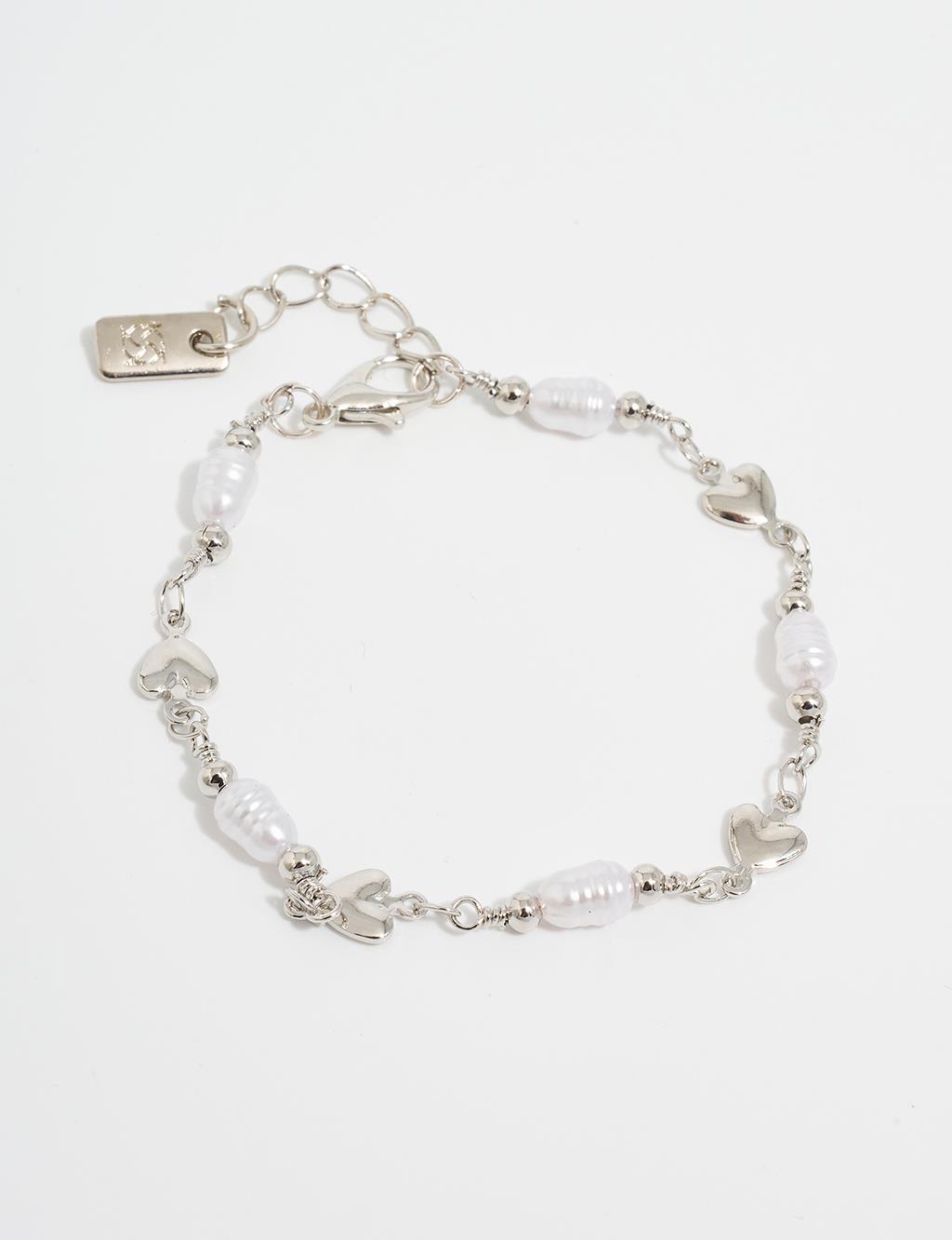 Pearl and Heart Figured Bracelet Silver