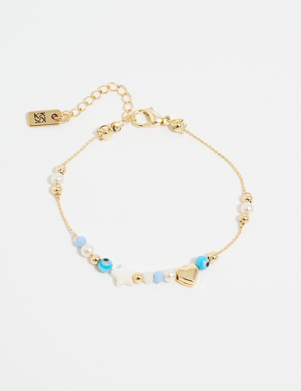 Heart Figured Evil Eye Bead Detailed Bracelet Blue