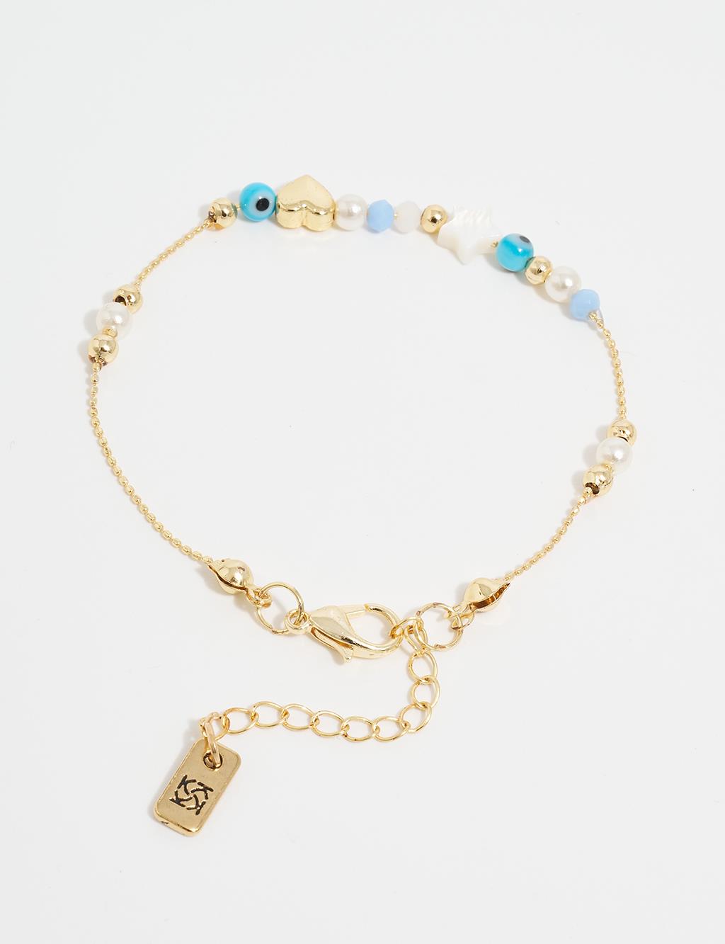 Heart Figured Evil Eye Bead Detailed Bracelet Blue