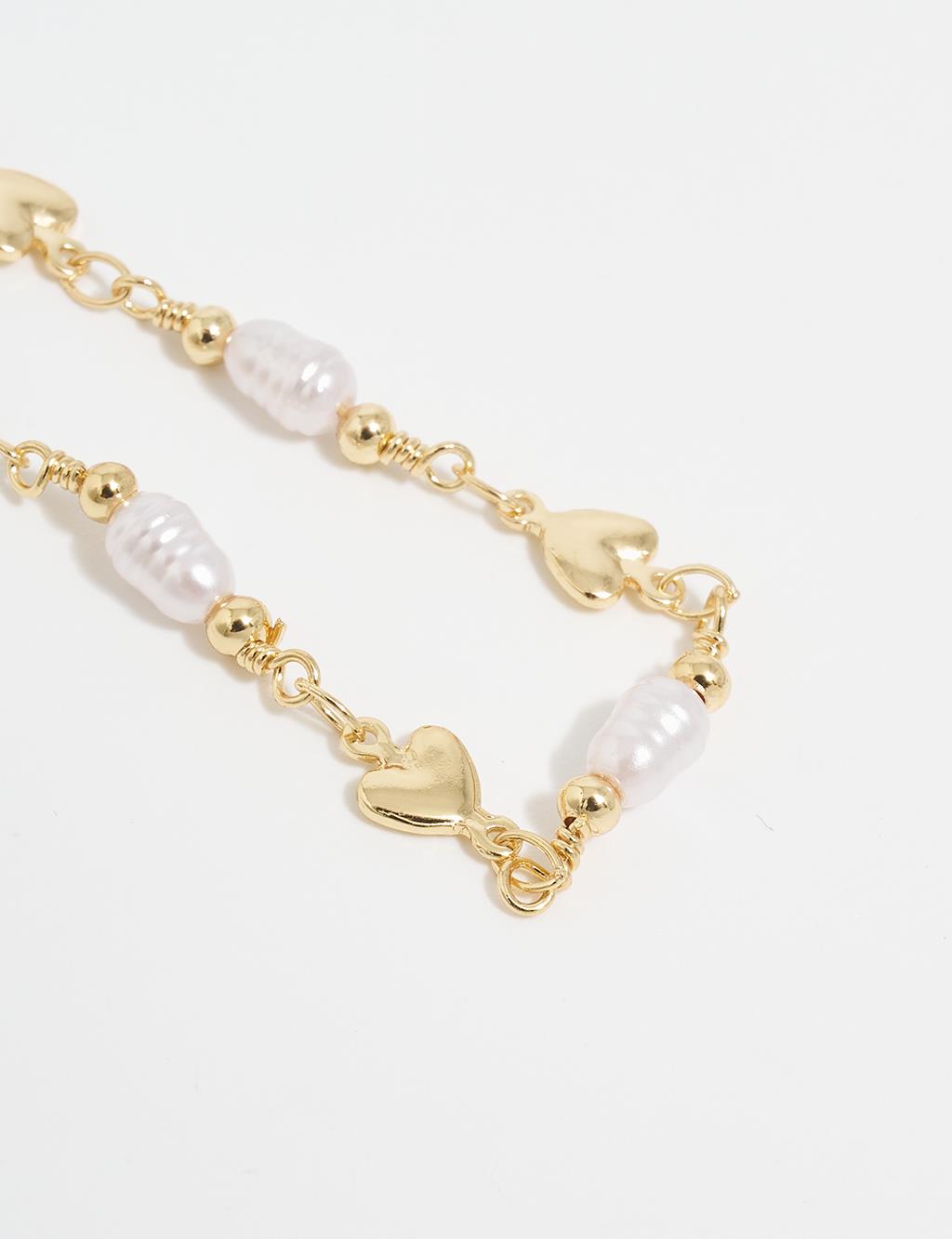 Pearl and Heart Figured Bracelet Gold