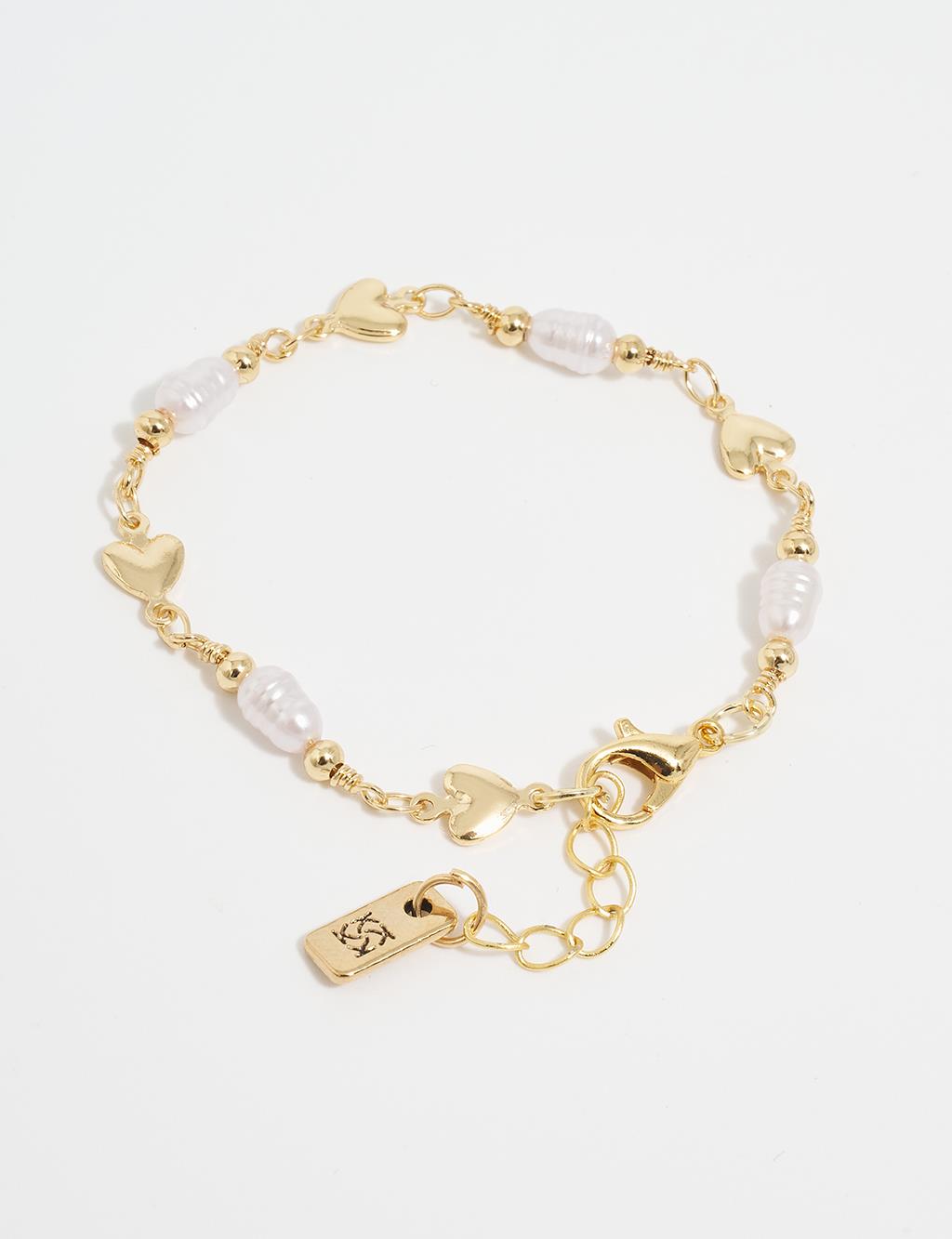 Pearl and Heart Figured Bracelet Gold