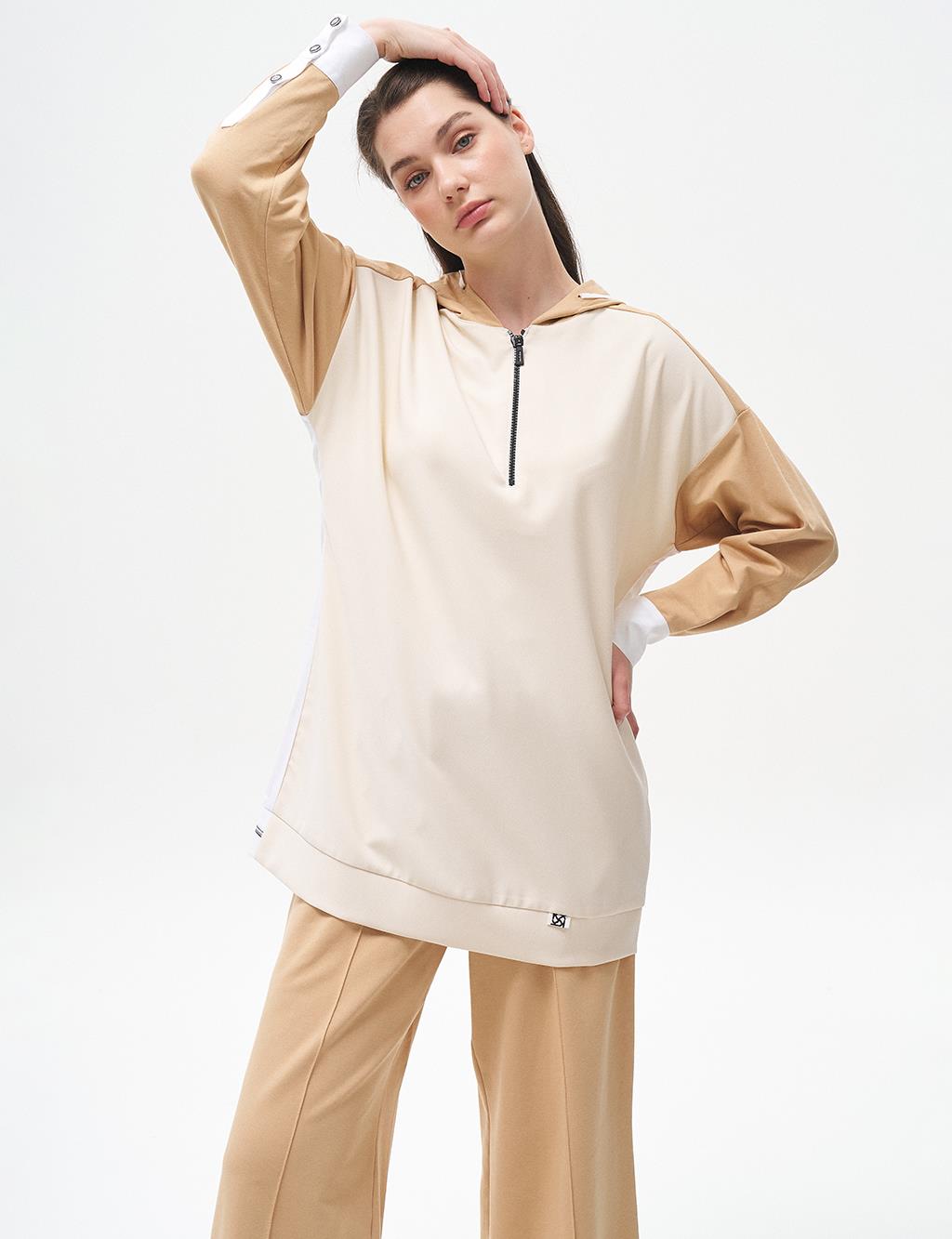 Hooded Half Zipper Detailed Suit Beige