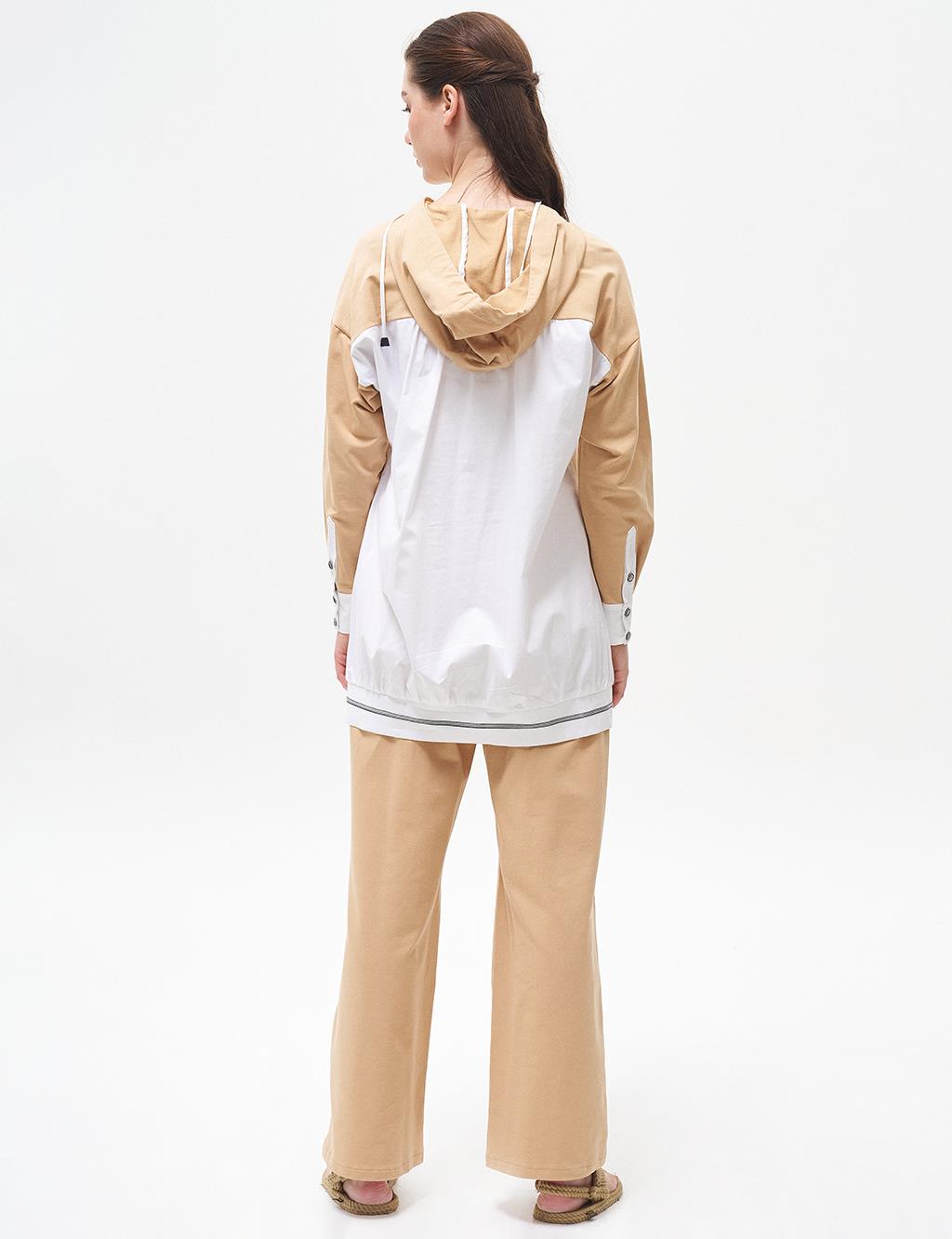 Hooded Half Zipper Detailed Suit Beige