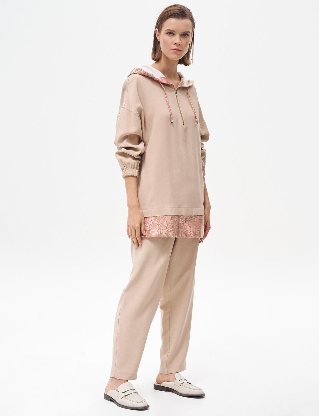 Jacquard Half Zipper Closure Suit Beige