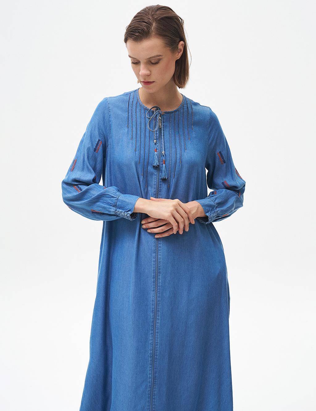 Rib Detailed Lyocell Long Tunic Blue