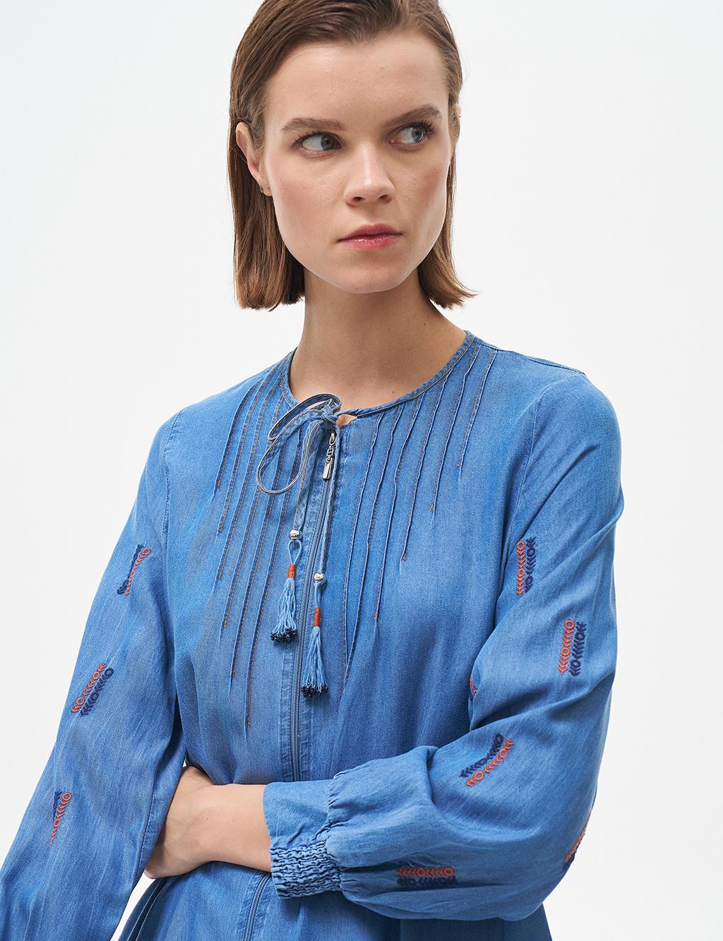 Rib Detailed Lyocell Long Tunic Blue