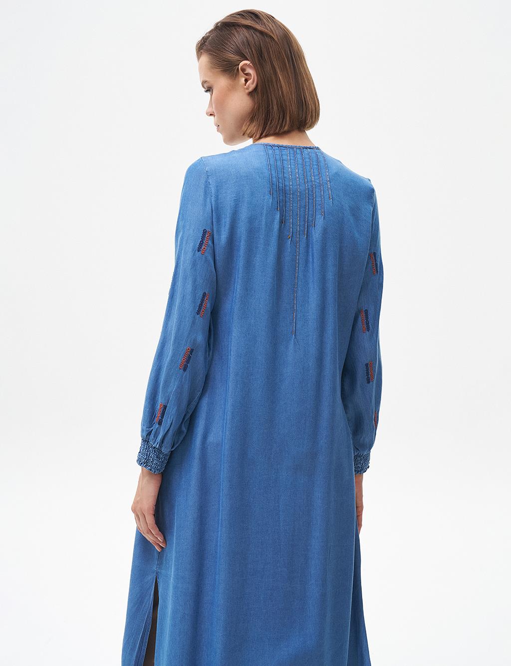 Rib Detailed Lyocell Long Tunic Blue