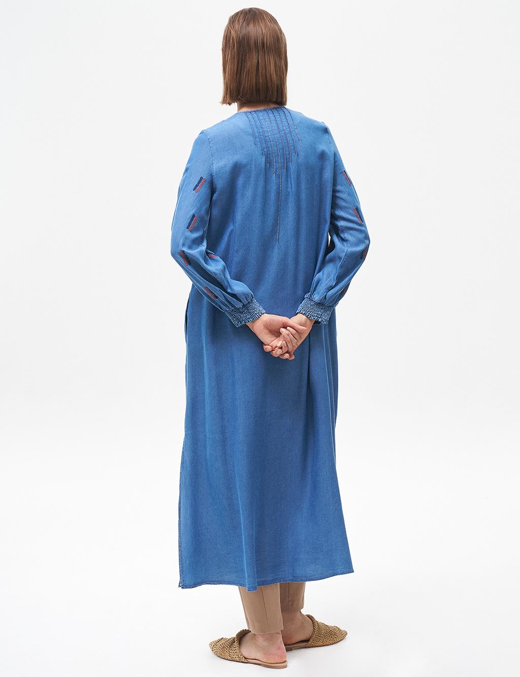 Rib Detailed Lyocell Long Tunic Blue