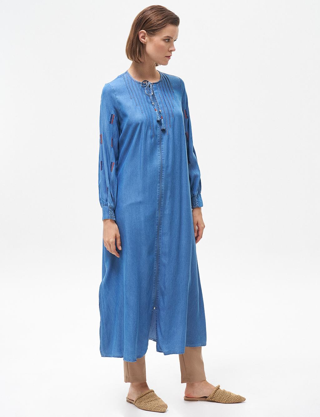 Rib Detailed Lyocell Long Tunic Blue