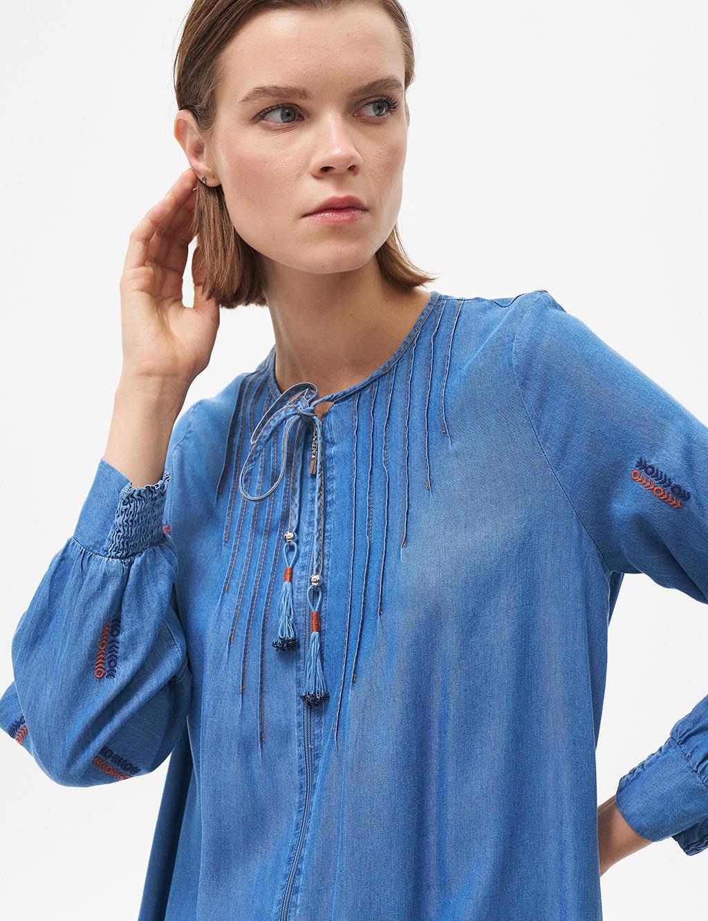 Rib Detailed Lyocell Long Tunic Blue