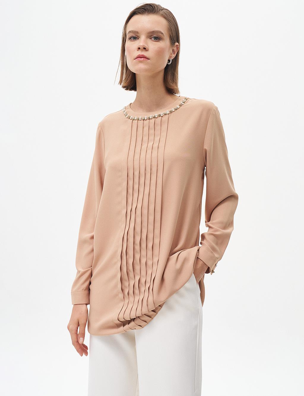 Nervure Detail Mandarin Collar Tunic Beige