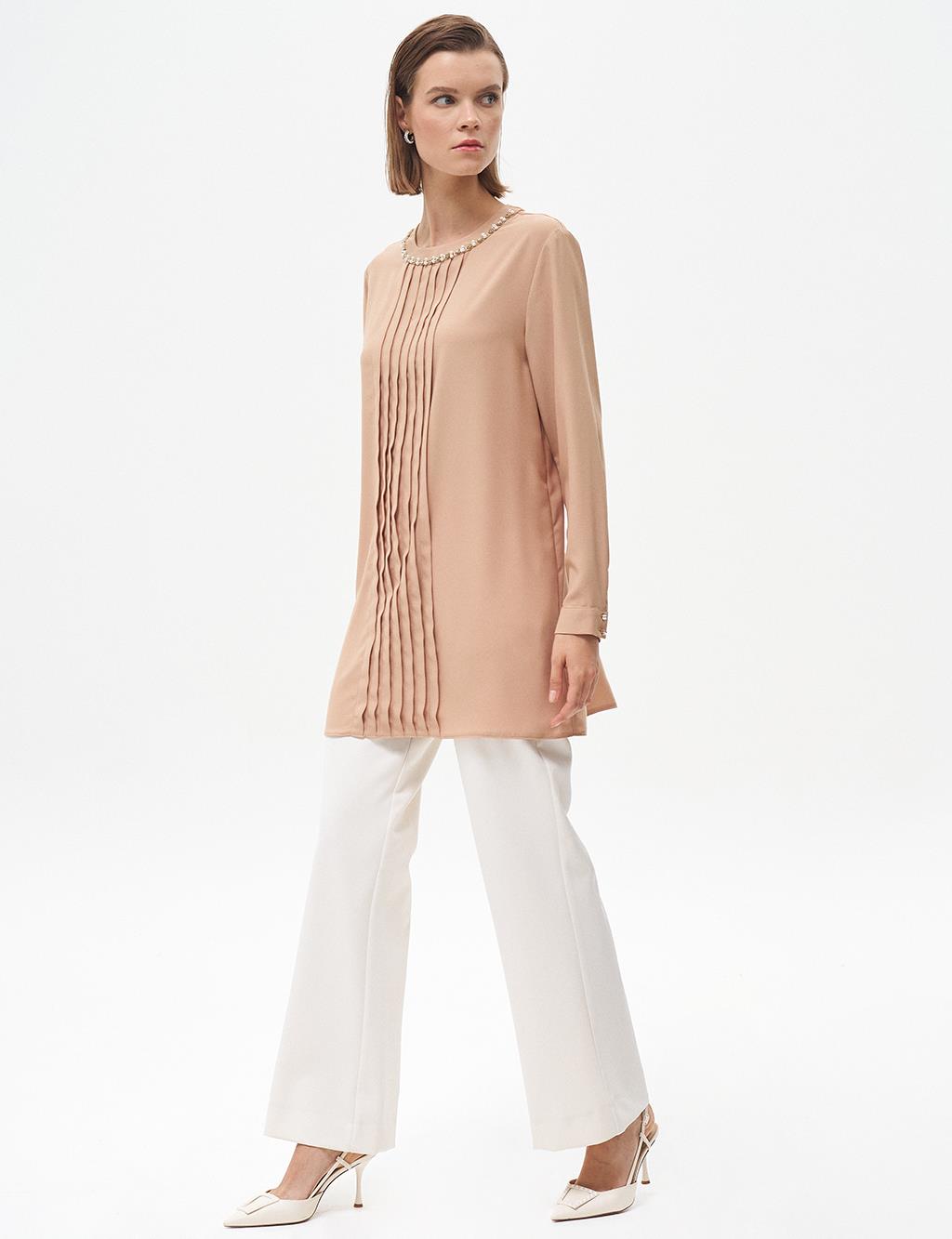 Nervure Detail Mandarin Collar Tunic Beige