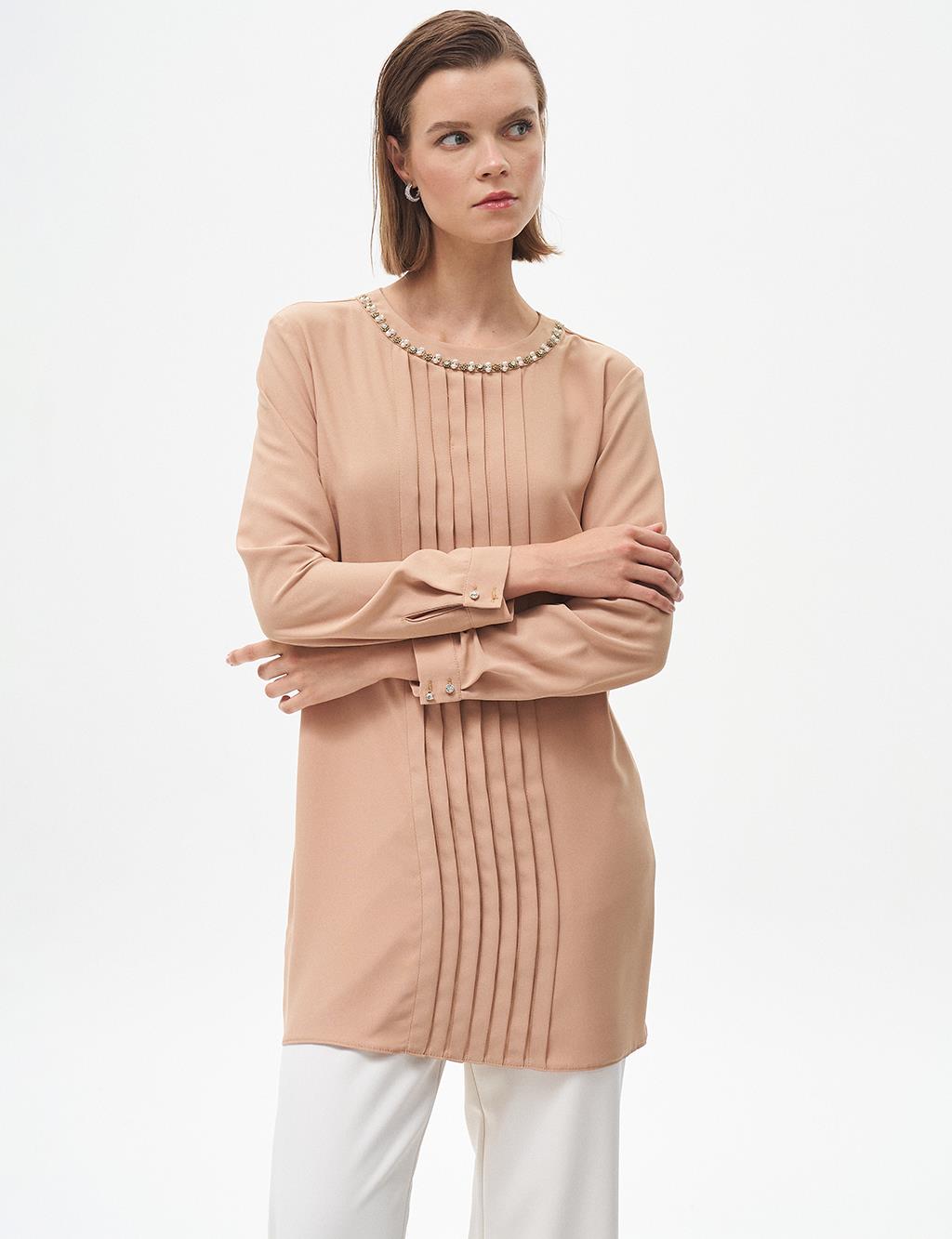 Nervure Detail Mandarin Collar Tunic Beige