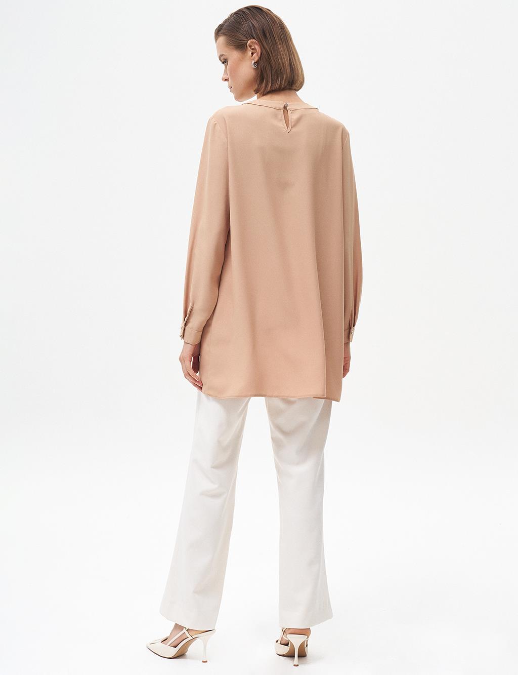 Nervure Detail Mandarin Collar Tunic Beige