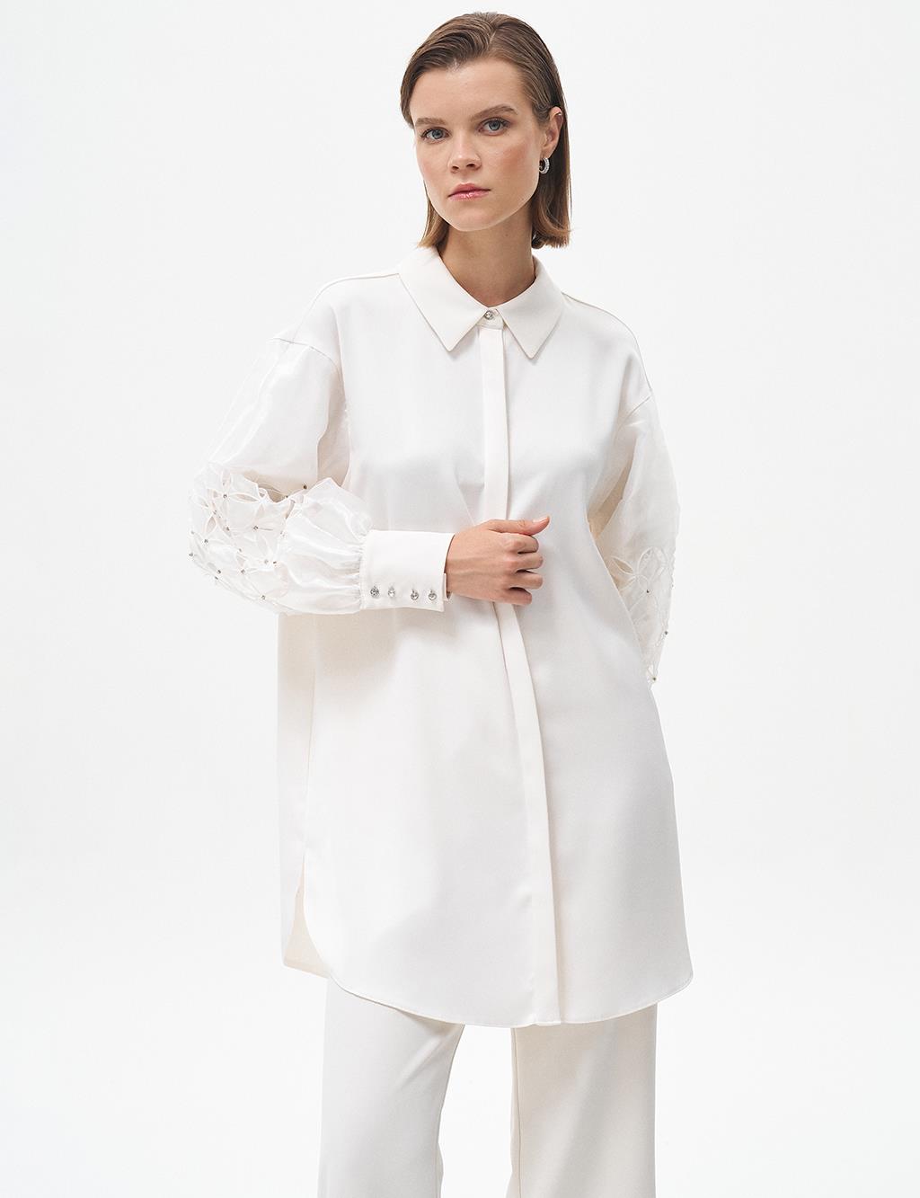 Sleeve Detailed Satin Tunic Ecru