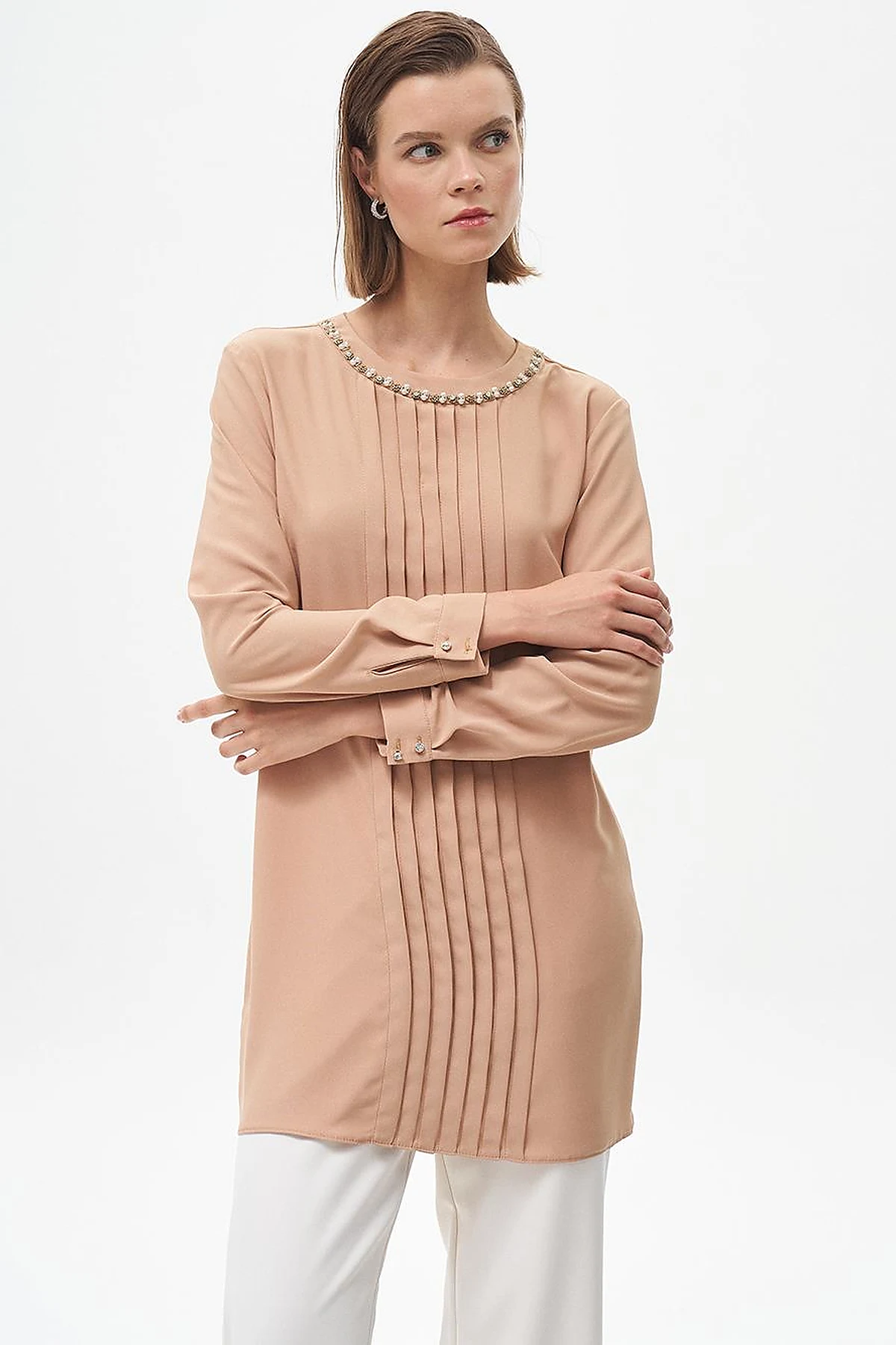 Nervure Detail Mandarin Collar Tunic Beige