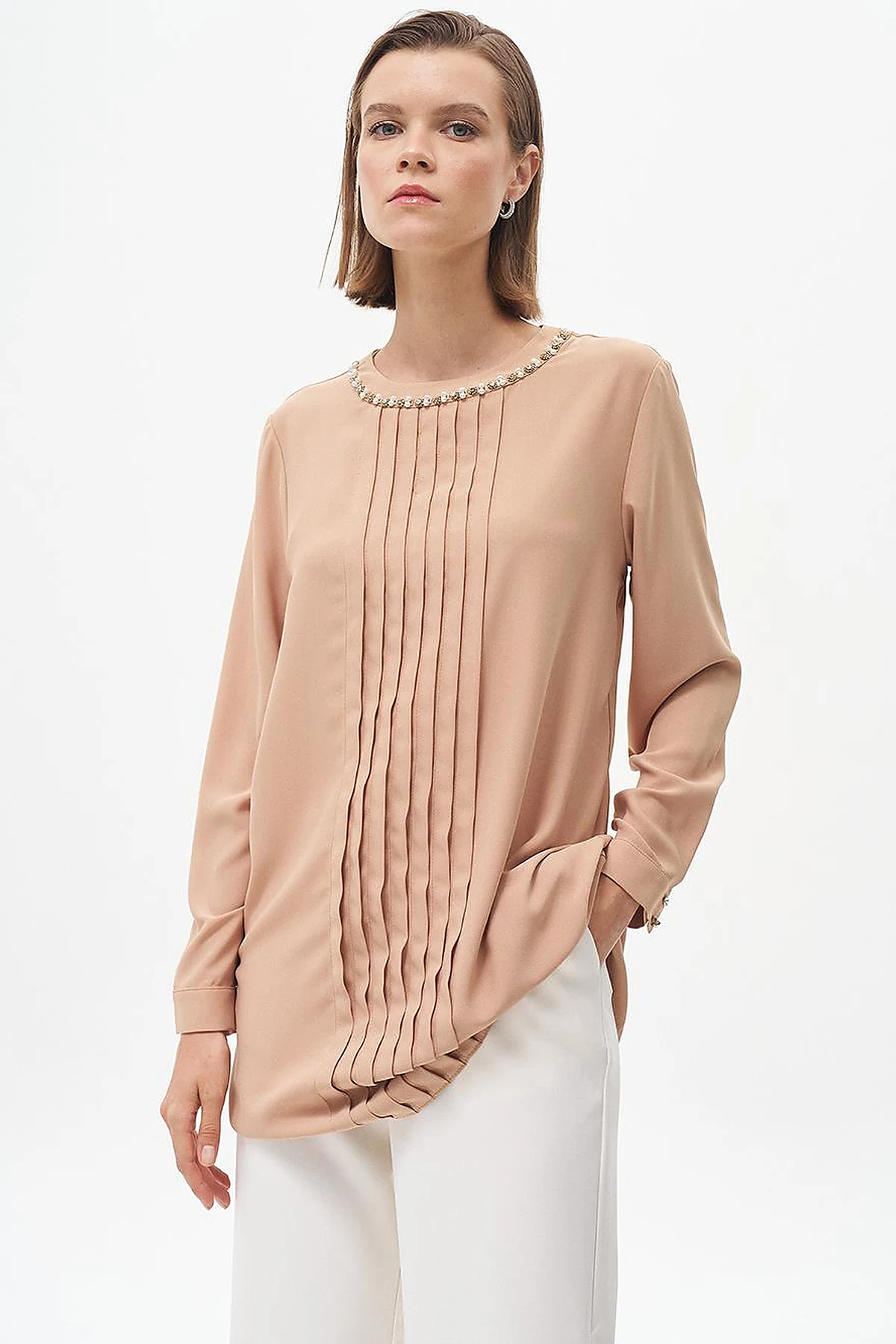 Nervure Detail Mandarin Collar Tunic Beige