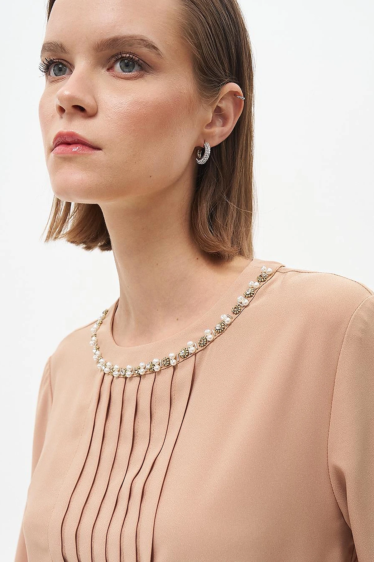 Nervure Detail Mandarin Collar Tunic Beige