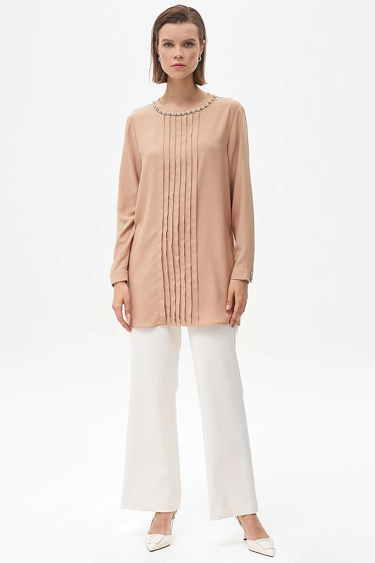 Nervure Detail Mandarin Collar Tunic Beige