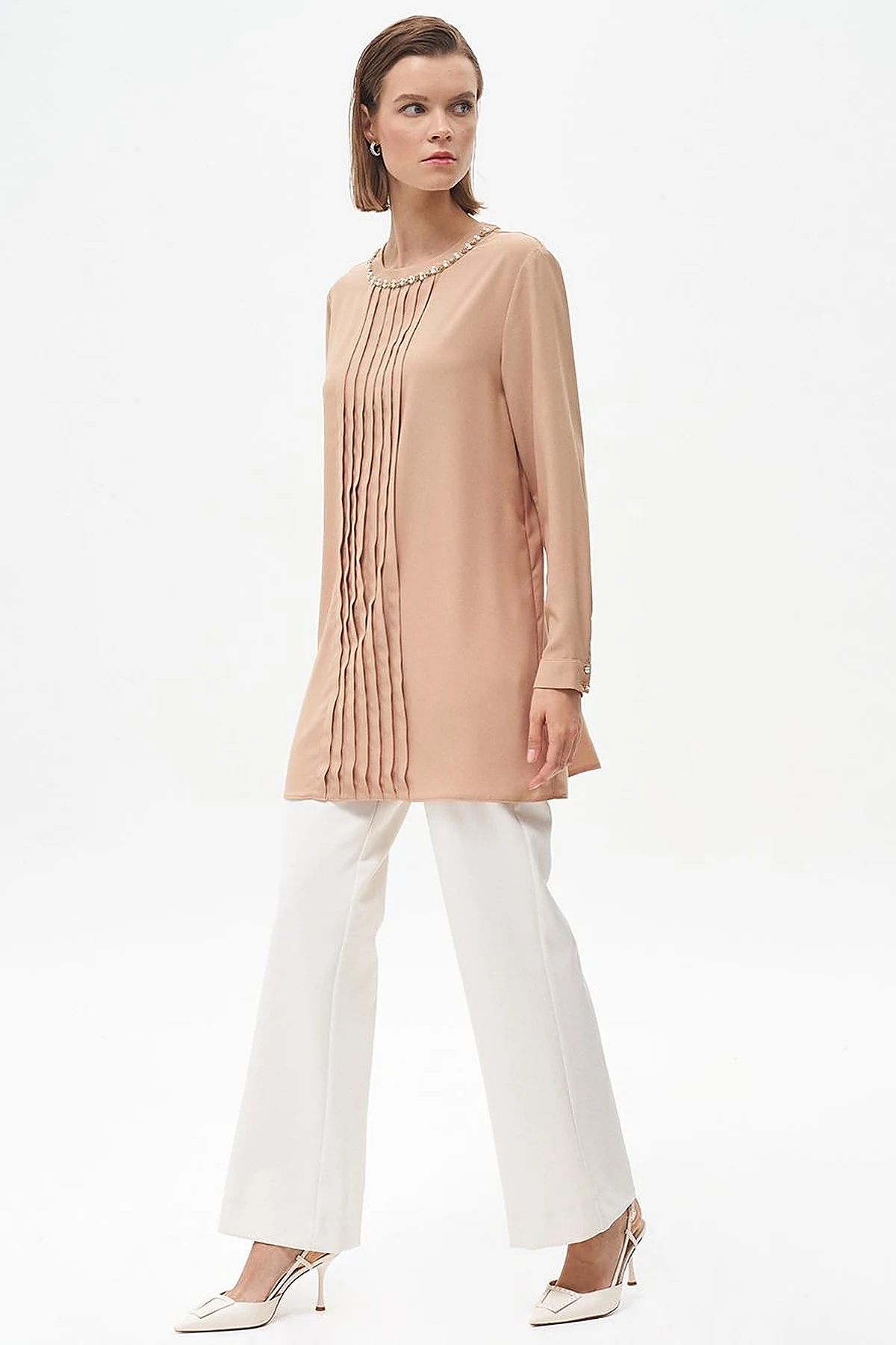 Nervure Detail Mandarin Collar Tunic Beige