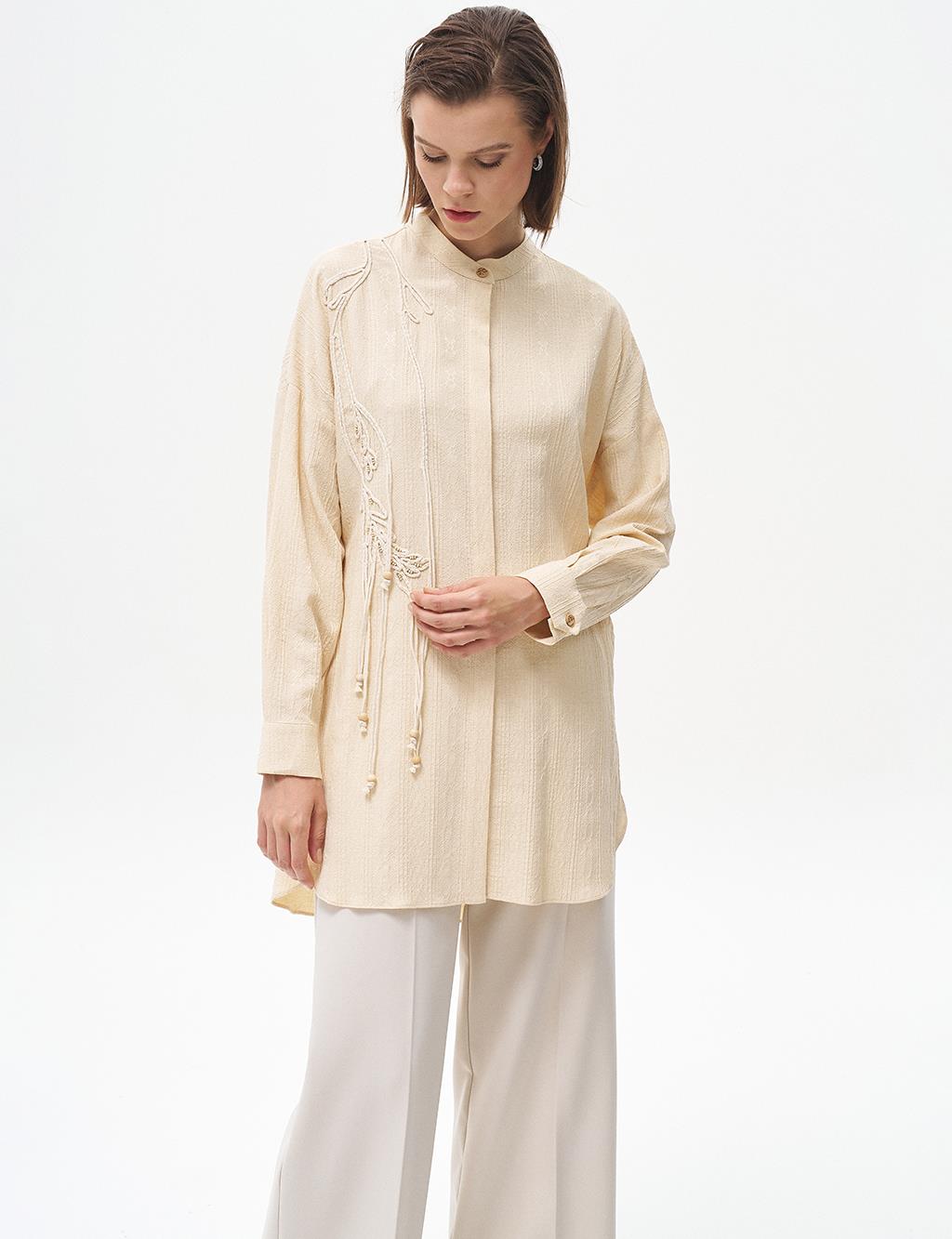 Embroidered Appliqué Crinkle Tunic Cream