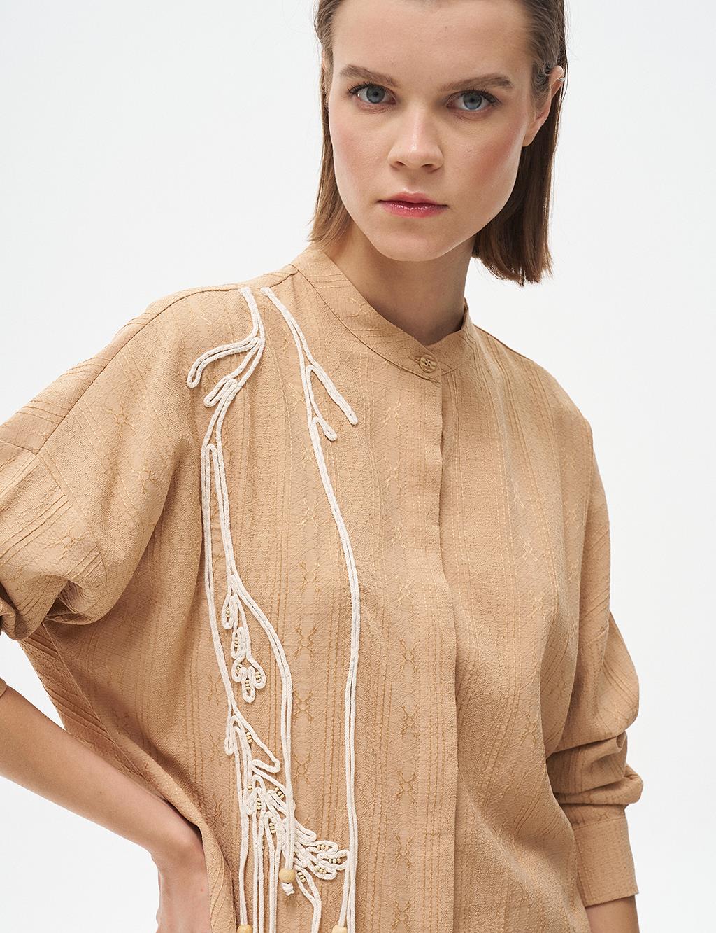 Embroidered Appliqué Crinkle Tunic Beige