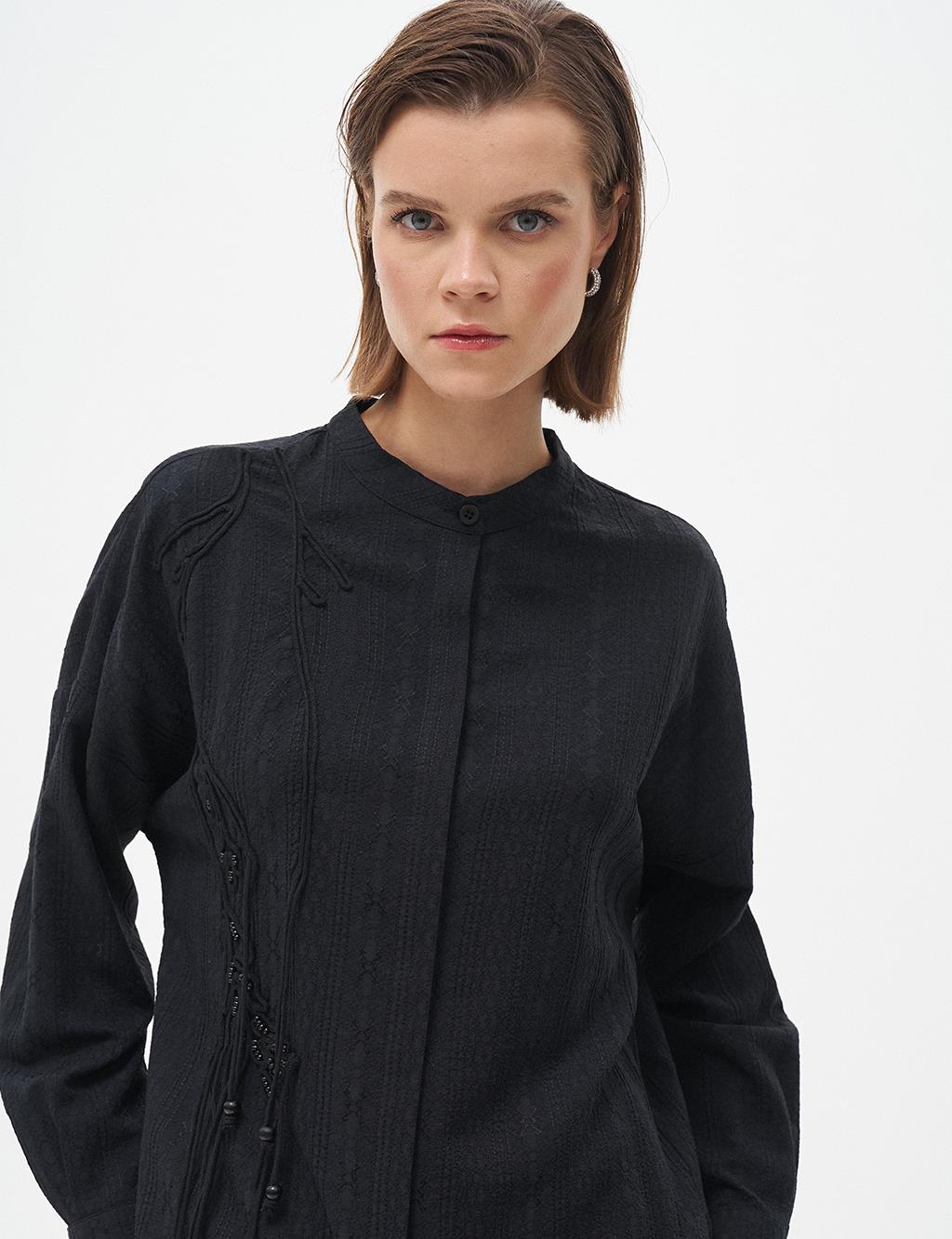 Embroidered Appliqué Crinkle Tunic Black