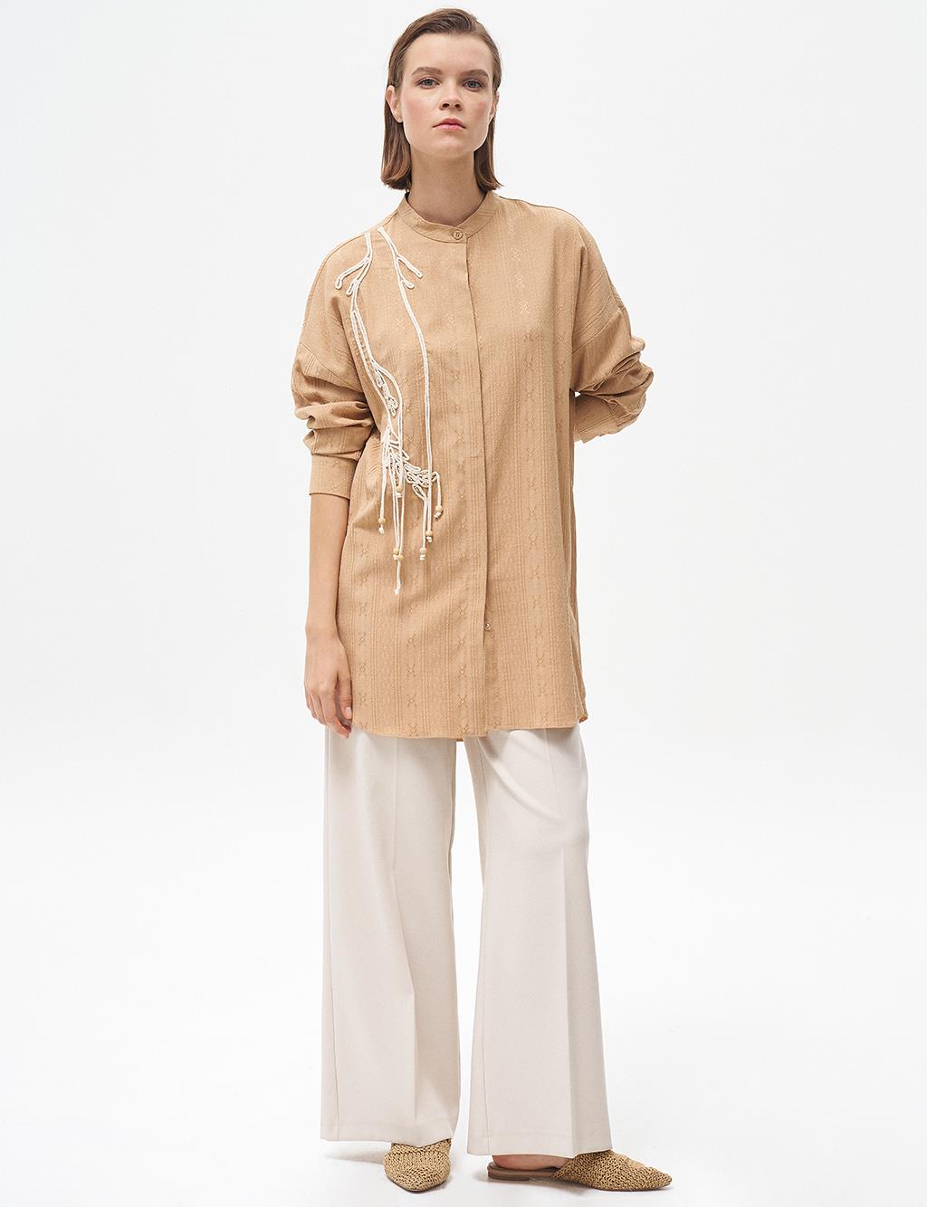 Embroidered Appliqué Crinkle Tunic Beige