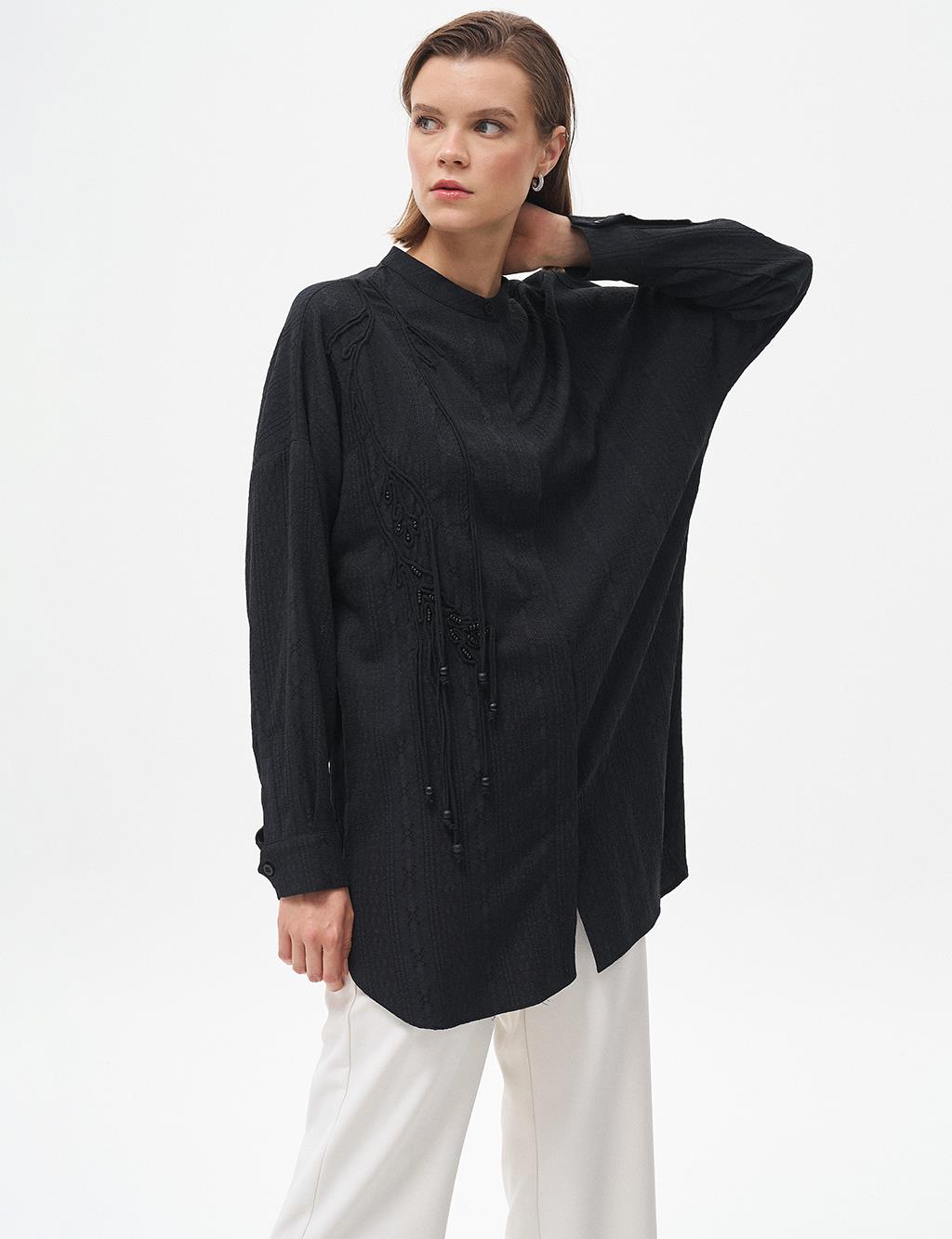 Embroidered Appliqué Crinkle Tunic Black