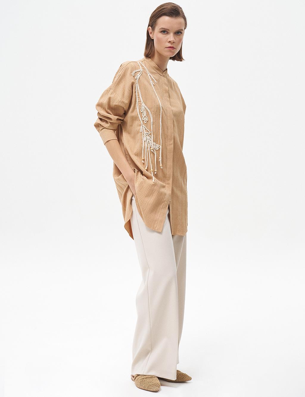 Embroidered Appliqué Crinkle Tunic Beige