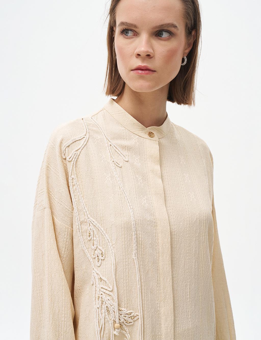 Embroidered Appliqué Crinkle Tunic Cream