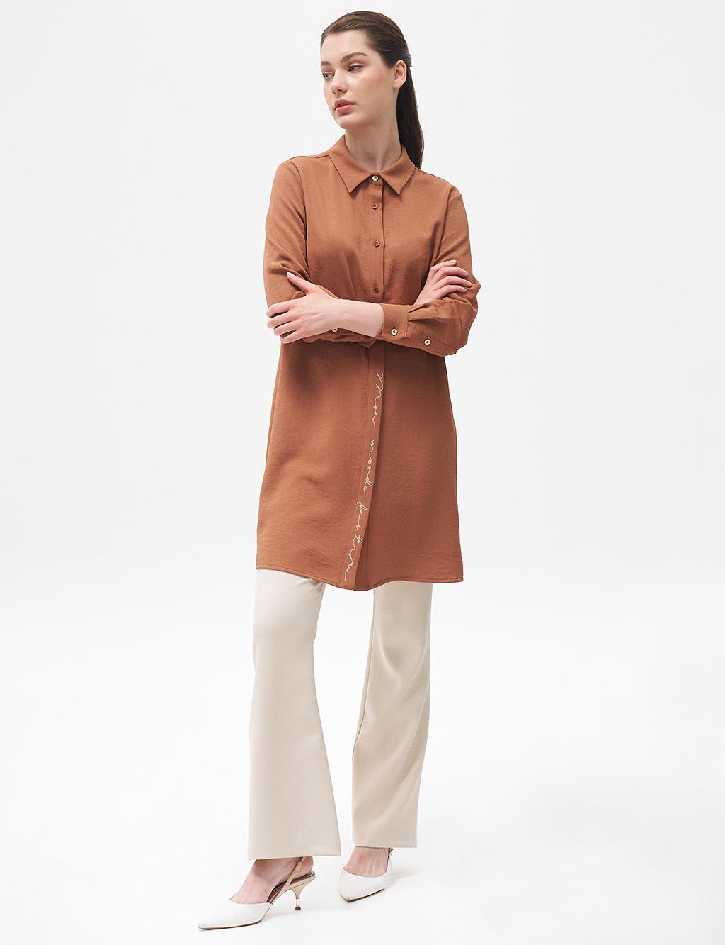 Half Placket Embroidered Tunic Tobacco