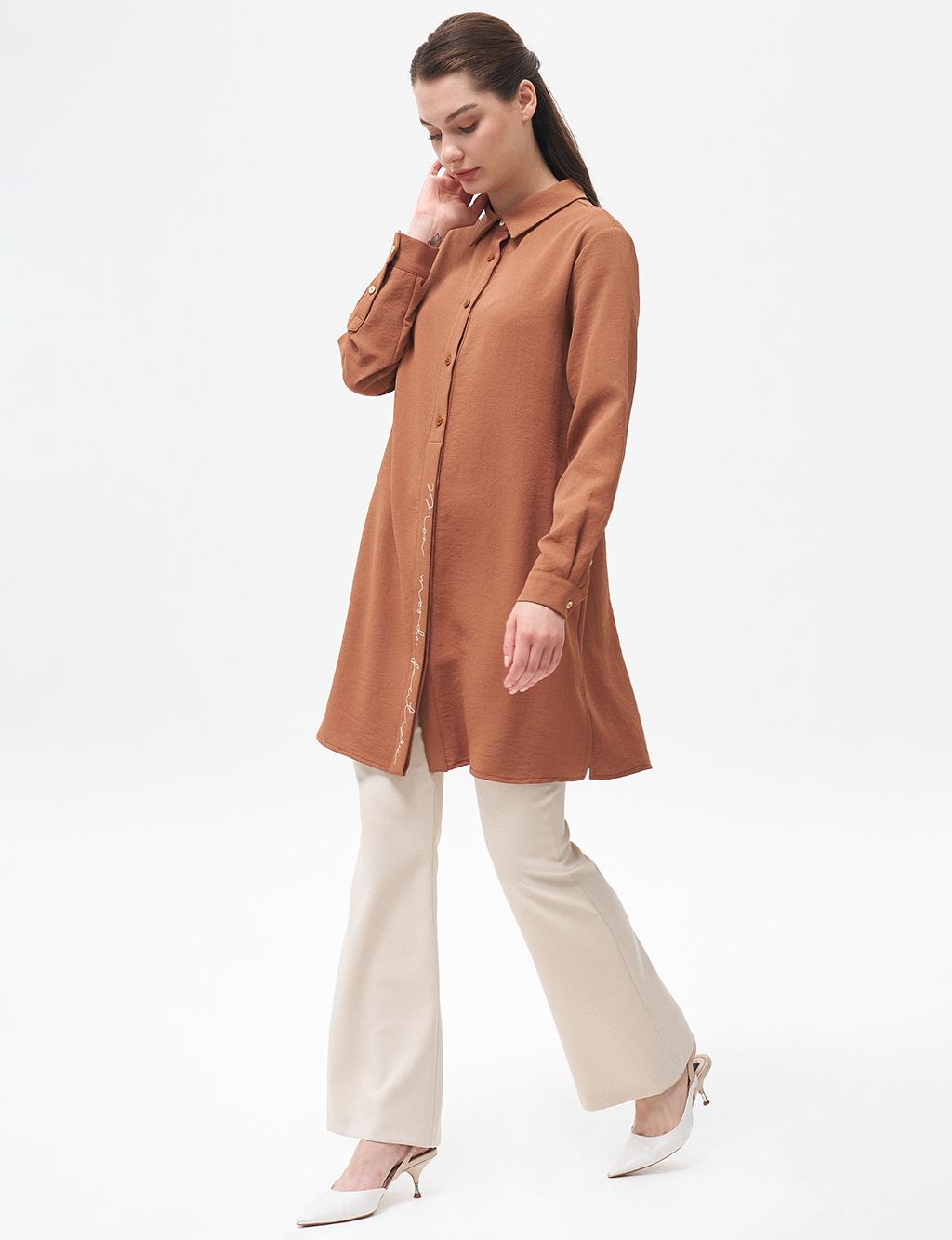 Half Placket Embroidered Tunic Tobacco