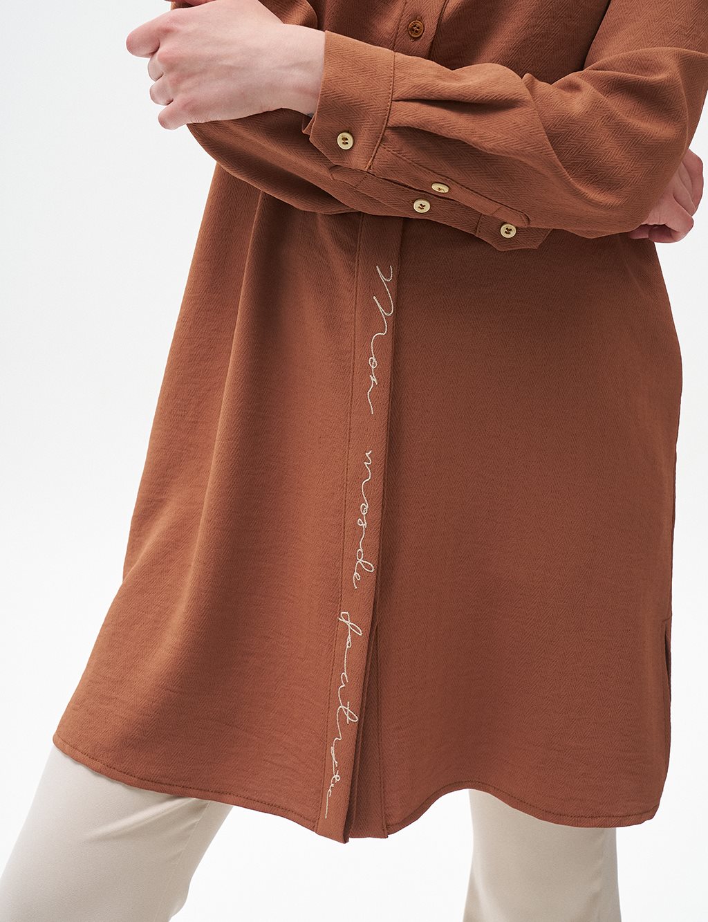 Half Placket Embroidered Tunic Tobacco