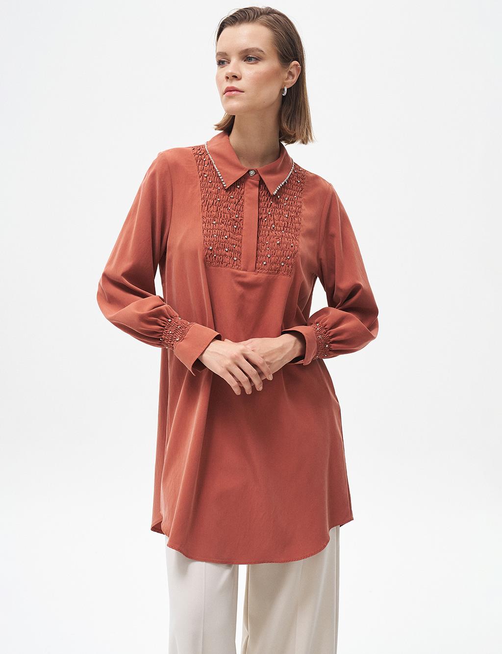 Stone Embroidered Shirt Collar Natural Fabric Tunic Tile