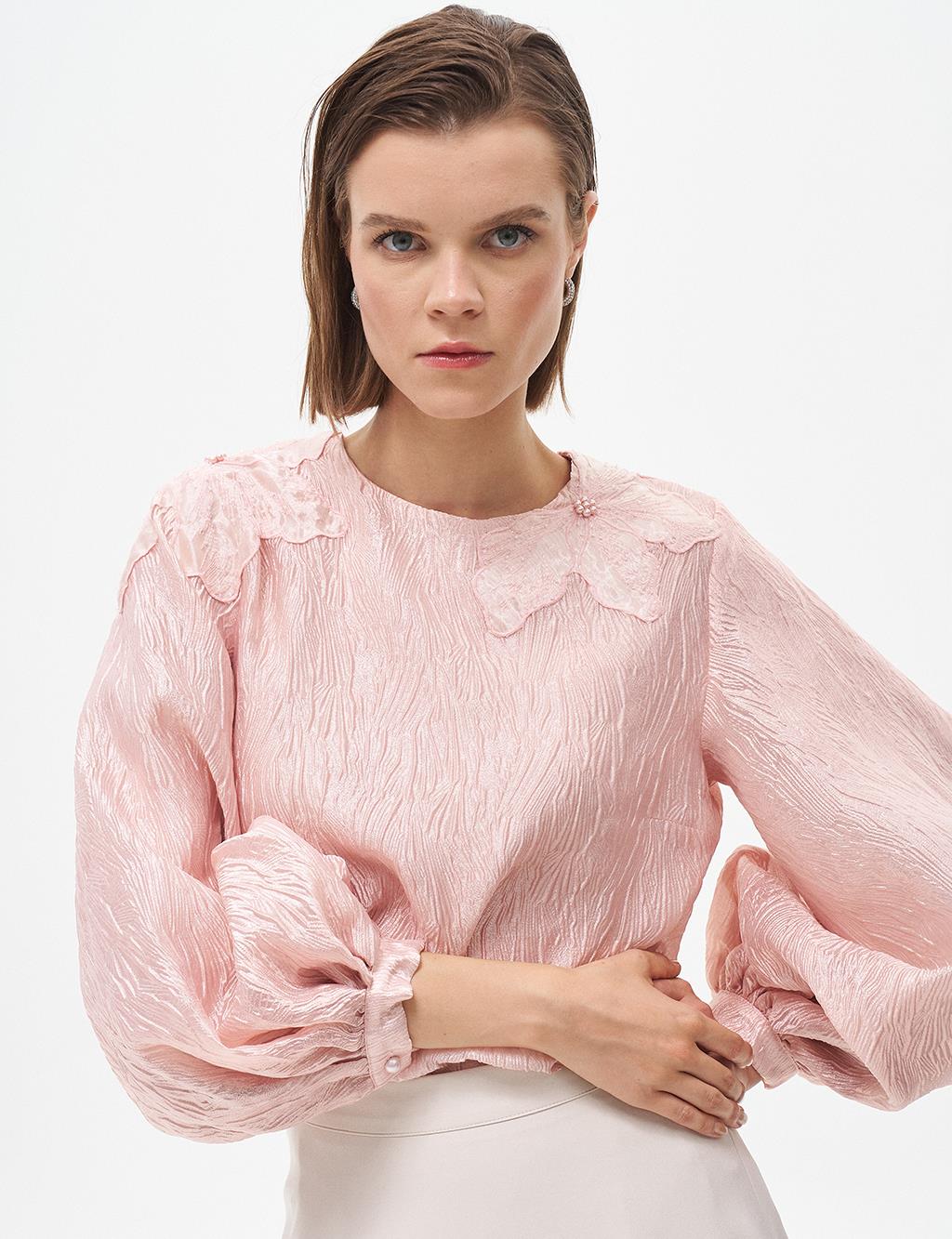 Flower Appliqued Balloon Sleeve Blouse Powder