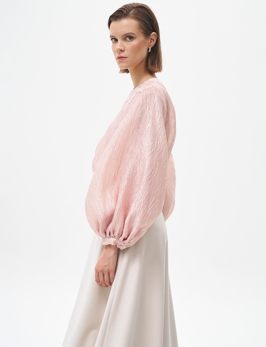 Flower Appliqued Balloon Sleeve Blouse Powder